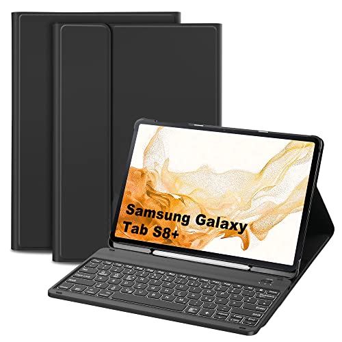 JANOLTY Teclado compatible con Samsung TAB S8+/Tab S8 Plus & Tab S7 FE & Tab S7+/Tab S7 Plus QWERTZ inalámbrico Bluetooth Samsung Galaxy Tab S8+ 2022 12.4 pulgadas funda con teclado negro Cover