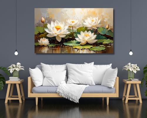 Image of KunjCart White Lotus Wall Painting Big Size (FRAMED & UNFRAMED OPTIONS )- Artistic Lotus Painting for Wall Vastu Landscape, Lotus Flower Painting for Living Room, Bedroom & Home, Luxury Lotus Canvas Painting