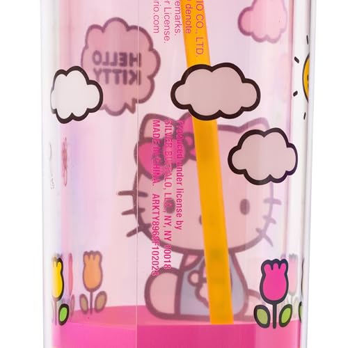 Image of Silver Buffalo Sanrio Hello Kitty Spring and Summer Flowers Rainbow Stripes Plastic Cold Cup with Lid and Straw, 20 Ounces | Flowers Rainbow Stripes, Includes Lid and Straw, 0.59 Liters