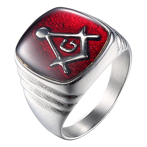 SINLEO Men's Stainless Steel Vintage Freemason Masonic Ring Red Master Mason Symbol Signet Biker Band, Metal, No Gemstone