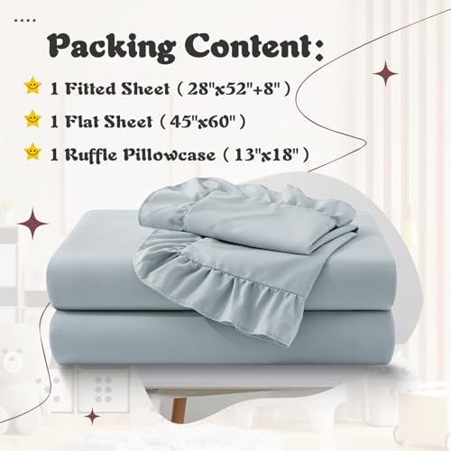 Image of KKJIAF 3 Piece Toddler Sheet Set Microfiber, Includes a Flat Sheet, a Fitted Sheet and a Ruffle Pillowcase, Dusty Blue