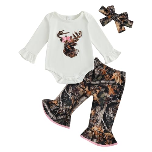 Newborn Baby Girl Hunting Clothes Deer Long Sleeve Romper Jungle Camo Flare Pants Set 3 Piece Fall Winter Outfit