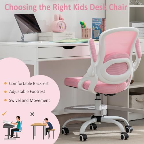 Image of Kids Desk Chair,Ergonomic Study Chair with Adjustable Height,Swivel Mesh Desk Chair with Wheels,Home Office Chair for Children in Home Bedroom Pink