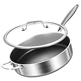 DELARLO Frying Pan,12 inch Tri-Ply Stainless Steel Skillet,6 Quart Saute Pan with lid, Compatible with All Cooktops,Oven Up to 660℉,Chicken Fryer,Dishwasher-Friendly