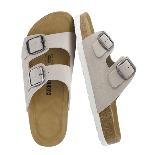 Image of CUSHIONAIRE Logo 100% Genuine Leather Suede Slides for Women, Cushioned Cork Footbed Womens Sandals with Adjustable Buckles and Memory Foam