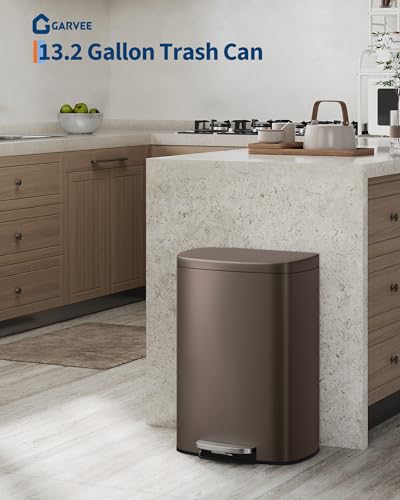 Image of Garvee 13 gal / 50 L Metal Kitchen Trash Can with Lid, Large Rustproof Garbage Can for Kitchen, Step-on Trash Bin with Inner Bucket, Rear Handle, Soft Close Lid, Brown