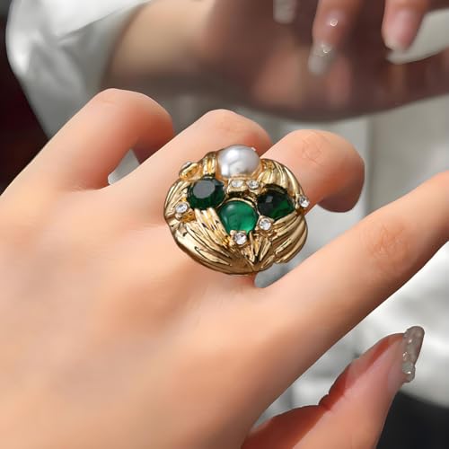 Cubic Zirconia Pearl Flower Statement Rings for Women Gold Plated Crystal Shell Pearls Texture Open Band Wrap Finger Ring Adjustable Comfort Fit Birthstone Engagement Wedding Jewerly for Christmas2