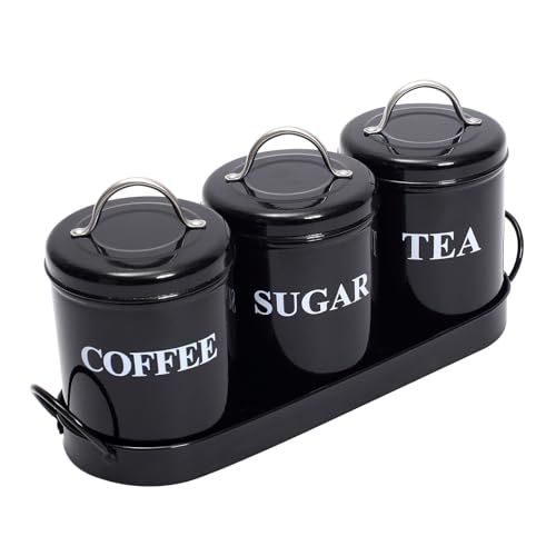 ZoeQide Bote Café y Lata para Té con Bandeja de Metal - Tarros Cocina Almacenaje para Azúcar/Café - 3 Piezas Recipiente Cilíndrico Negro