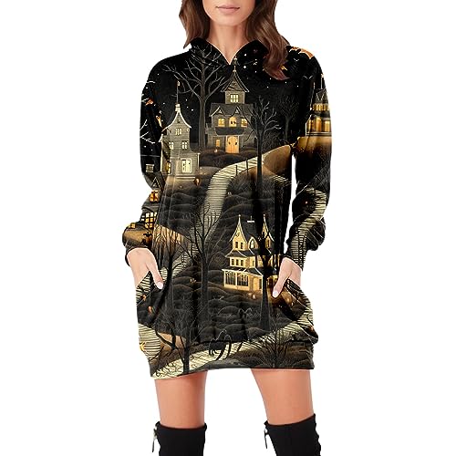 Generisch Halloween Kostüm Damen Bequemes Kleid für Damen, Print-Kleid, langärmelig, Hoodies, langärmelig, Midi-Kleider mit Taschen (Orange, XXL)