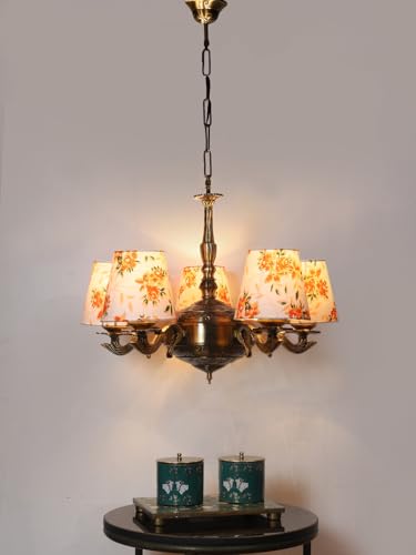 Image of Devansh 05 Lights Printed conical Cotton Shade with Antique Golden Chandelier -A