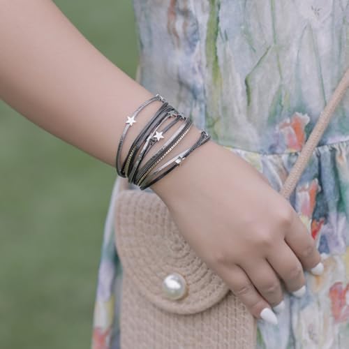 FANCY SHINY Leather Wrap Star Bracelet Boho Bangle Bracelets for Women Trendy Stackable Cute Charm Bracelet with Magnetic Clasp2