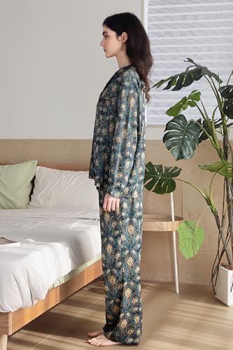 Image of YiNi LuLu Womens Silk Satin Pajamas Set Button Down 2 Piece Pjs Long Sleeve Oversized Sleepwear with Pockets