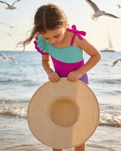Image of Redair Toddler Girl One Piece Swimsuit Color Block with Ruffled Sleeve Straps Swimwear Bathing Suit for Baby Girl 12M-6Years