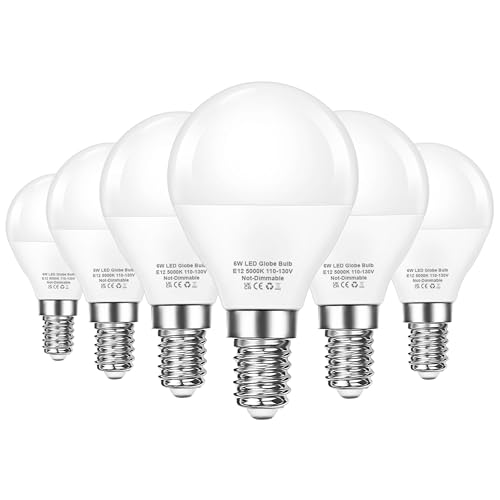 EvaStary E12 LED Bulb 60W Equivalent, Ceiling Fan Light Bulbs Daylight White 5000K, 600LM CRI 85+ Small Base Candelabra Bulbs, 120V G45/A15 Globe Lamp 6W Non-dimmable for Bedroom Chandelier, 6 Pack
