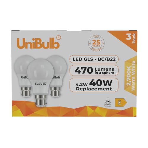 Unibulb BC B22 Bayonet LED Light Bulb 470 Lumens 2700K Warm White Replaces 40W Non-Dimmable 25yr Lifespan Pack of 3