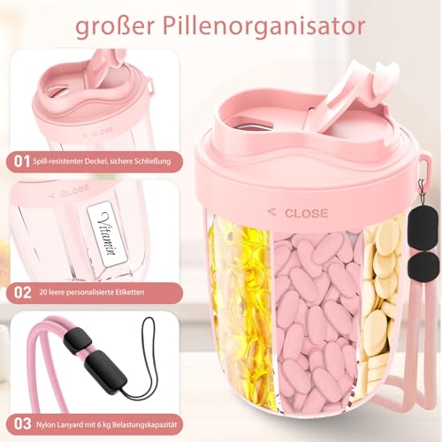 Image of Tablet Box 7 Days in the Morning in the Evening | Round with 7 Large Subjects & Anti-Confusion Design | Width Opening, BPA-Free & Portable | for Medication, Vitamins, Fish Oil, etc. (Pink)