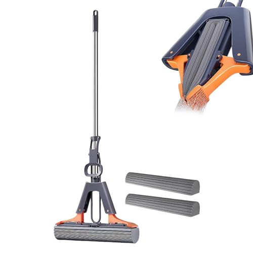 YNPQTDS Serpillière Éponge, Balai Éponge Absorbant, Vadrouille À Presser, avec 2 Éponge PVA Absorbante Et Réutilisables, avec Manche Acier Inoxydable, Vadrouille Éponge, Balai Lave Sol