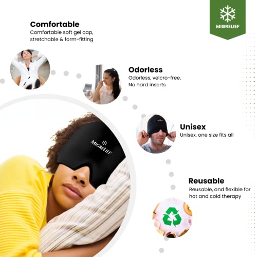 Migrelief Migraine Relief Cap - Ice Cap For Migraines And Headaches With 360 Degree Head And Eye Coverage - Cold Therapy Headache Hat And Migraine Mask For Natural Pain Relief - One Size, Black #TOP1