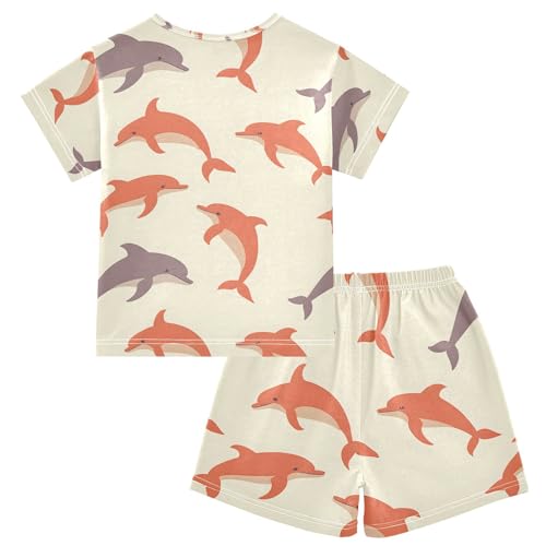 ALAZA Orange Gray Dolphin Pajamas Set Short Sleeve Cotton Sleepwear Summer Pjs 2 Piece 5-14Y2