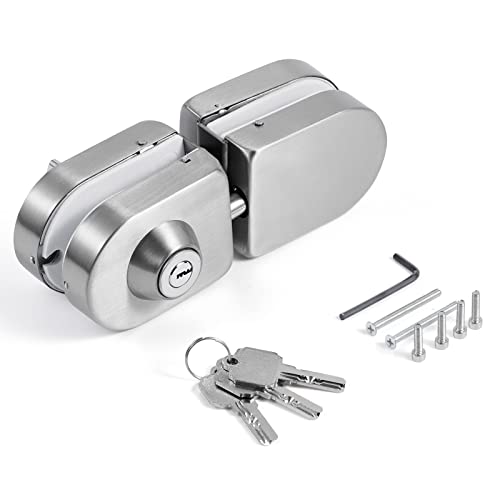 Ranbo Frameless Glass Door Lock – Clamp-On No-Drill For 3/8″–1/2″ (10–12mm) Swing Doors, 304 Stainless Steel, Brushed Nickel, Keyed Exterior & Interior Knob, 2 Keys Included