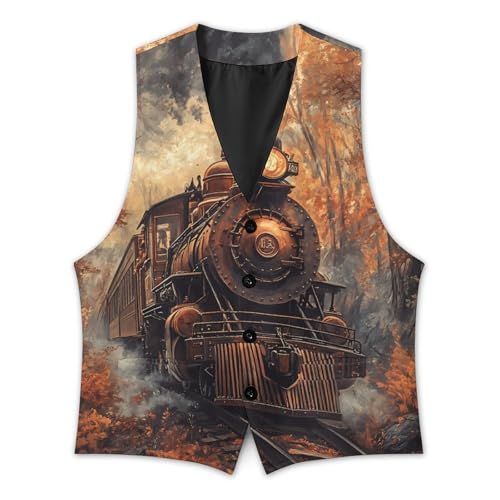 Steam Train in The Autumn Forests Formal Suit Vest for Men Waistcoat Printing Business Casual Dress for Tuxedo2