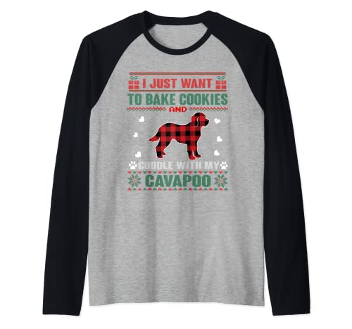 Cavapoo Dog Cookie Lovers Dog Pajama Ugly Christmas Sweater Raglan Baseball Tee