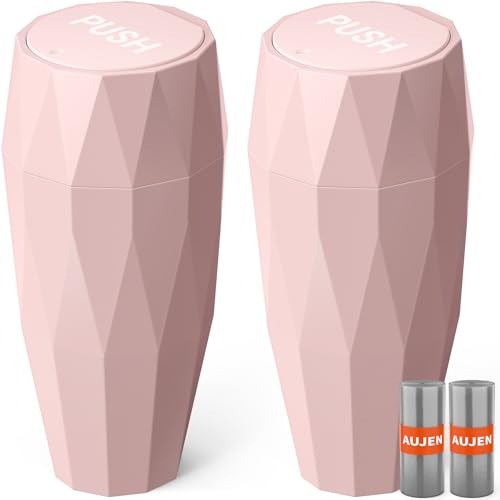 Image of Aujen Car Trash Can - 2 Packs Car Accessories with Lockable Lid, Waterproof Garbage Can, Litter Organizers and Storage with 30 Plastic Bags, Trash Bin for Home & Office, Pink, 3.2 inch x 7.2 inch
