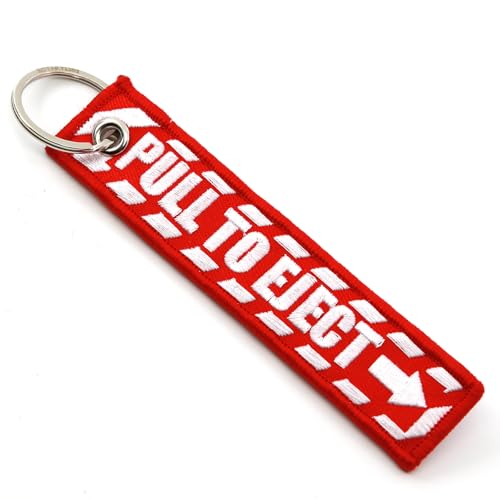 Image of PULL TO EJECT Key Chain - Red with White embroidered letters - Quantity = 1