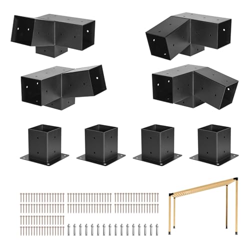 VEVOR Pergola Kit, 4x4 Inch 3-Way Slanted Bracket for 3.5x3.5 Inch Wood Beams in Actual Size, Carbon Steel Pergola Bracket with Screws and Post Bases, for Outdoor Wood Pergolas, Gazebos, Sheds, 8 Pcs