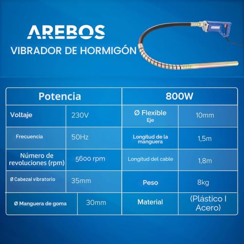 Miniatura 7 de Arebos Vibrador De Hormigón Aguja Vibrante Electrica Vibrador De Construcción Eléctrico 800w Longitud De Varilla Vibratoria De 1,5m Para Concreto