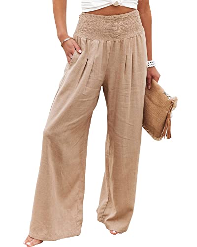 Women Linen Pants Elastic High Waist Wide Leg Palazzo Lounge Pants Casual Loose Beach Pants with Pockets