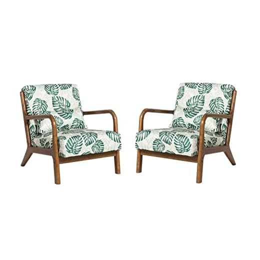 glitzhome 2 Set Mid Century Fabric Green Accent Armchair, Single Reading Armchair Beach Style Lounge Chair with Walnut Ruberwood Frame