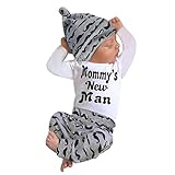 Neugeborenen Jumpsuits, Sunday Nette 3 STÜCKE Set Neugeborenen Jungen Strampler Tops + Lange Hosen Hut Outfits Kleidung 0-6 Monate(A-Weiß 3,0-3 Monate)