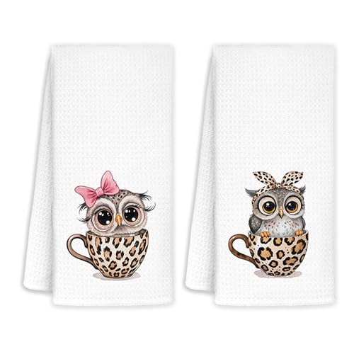 JINYO Cute Leopard Print Owl Kitchen Towels Set of 2, Coquette Bow Owls Hand Towels for Bathroom Kitchen Decor, Owl Gifts for Women Decorative Dish Tea Towels, 16x24 Inch