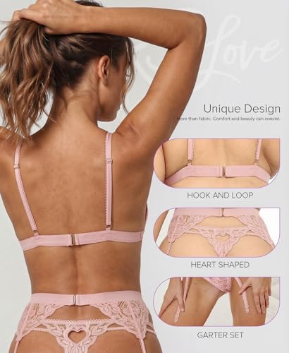 Image of RSLOVE Women Lingerie Set with Garter Belt | Heart Cutout Lace Design, Adjustable Fit, Soft Stretch Fabric, 3 Piece Romantic Lingerie Set