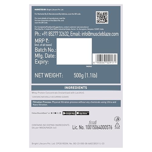 Image of MuscleBlaze 100% Clean Raw Whey Protein Concentrate (Unflavoured, 500g) | 24g Protein per Scoop | Easy to Digest
