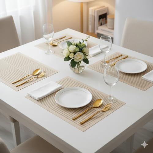 Image of YELONA Leather Dining Table Placemats Set of 4 - Waterproof, Heat Resistant, Anti-Slip, Easy to Clean Table Mats for Dining Table, Kitchen & Home Decor (Tan Beige, 40 x 30 cm)