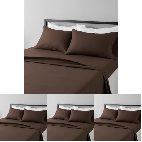 Image of Amazon Basics Lightweight Super Soft,Wrinkle-Free,Breathable Easy Care Microfiber 4 Piece Bed Sheet Set with 14-Inch Deep Pockets,Queen,Chocolate,Solid,(Pack of 4)