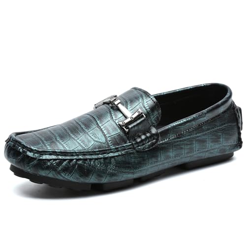 Men's Driving Loafers Casual Penny Loafers Metallic Leather Crocodile Pattern Slip-On Moccasins with Metal Buckle Soft Work Boat Shoes