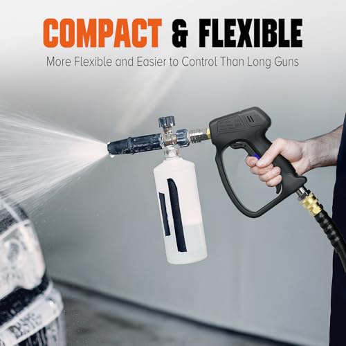 Image of Short Pressure Washer Gun with 360Swivel, 4000 PIS Power Washer Gun | Stubby High Pressure Washer Gun, 3 /8 inch Male Plug, 1 /4 inch Quick Connect, 5 Spray Nozzle, Car Wash Gun for Foam Cannon