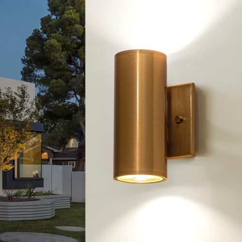 Image of Up and Down Lights Outdoor, Modern Gold LED Outdoor Wall Lights Fixture in 2 Lights, 7 inch Cylinder Exterior Light Fixture Wall Mount for Porch Patio Garage House Entryway