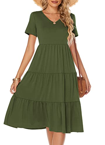Image of Berydress Women's Casual Summer Tiered Midi Dress 2026 V Neck Boho Sundress | Short Sleeve Dresses for Women, Loose Ruffle Babydoll Style, Cotton Blend Fabric, for Church, Going Out, Beach Vacation
