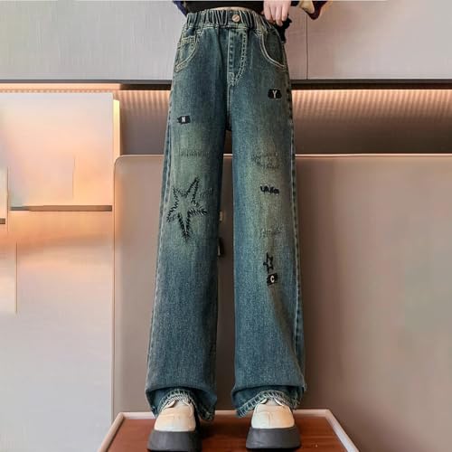 Girls Cute Print Pants 𝐘2k Baggy Wide Leg 𝐕intage Denim Trousers Youth Casual Elastic Waist Straight Leg Jeans4