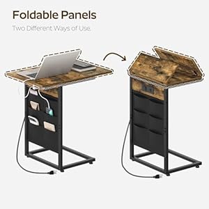 Foldable c shaped end table with charging station c shaped side table for couch c table sofa table with cloth bags for living room bedroom rustic brown sf01br  urban country home decor