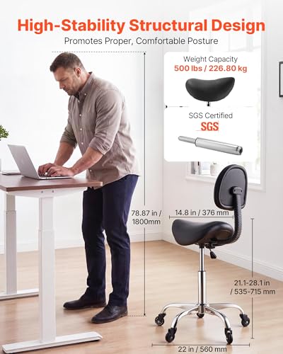 Image of VEVOR Saddle Stool with Back Support, 500 lbs Weight Capacity, Height Adjustable, Quiet Casters, Ergonomic PU Leather Seat, 360 Swivel Saddle Stool Rolling Chair for Salon, Spa, Bar, Medical, Black