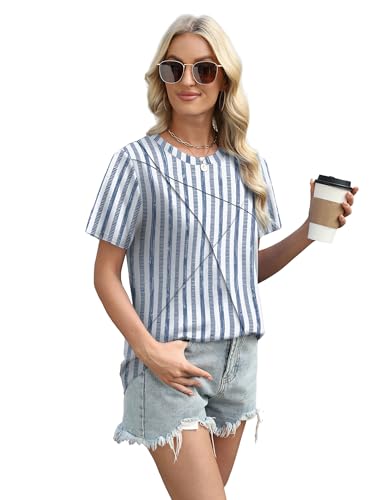 Image of XIEERDUO Womens Summer Tops 2026 Pleated Round Neck Short Sleeve Shirts Business Casual