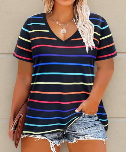 Image of RITERA Women Plus Size Tops Tie Dye V Neck Shirt Floral Camo Summer Short Sleeve Tunic Oversized Ladies Blouse XL-5XL