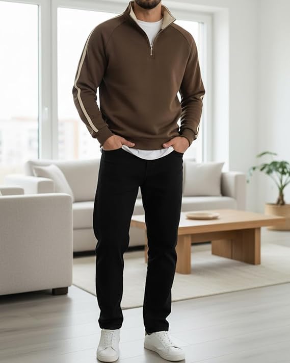 Image of Men's Quarter Zip Pullover Sweater with Contrast Stripe, Long Sleeve Athletic Casual Sweatshirt for Winter Wear, Black