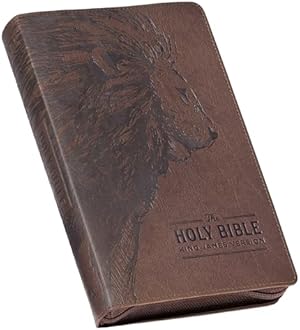 KJV Holy Bible, Standard Size Faux Leather Red Letter Edition - Thumb Index & Ribbon Marker, King James Version, Brown Lion Zipper Closure