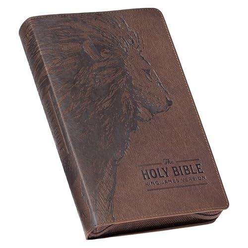 KJV Holy Bible, Standard Size Faux Leather Red Letter Edition - Thumb Index & Ribbon Marker, King James Version, Brown Lion Zipper Closure